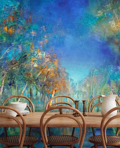 blauw en groen geschilderd bosbehang