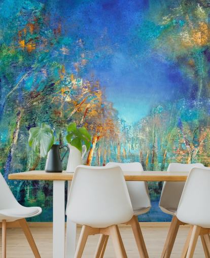 blauw en groen geschilderd bosbehang