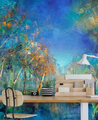 papel pintado bosque azul y verde papel pintado bosque azul y verde