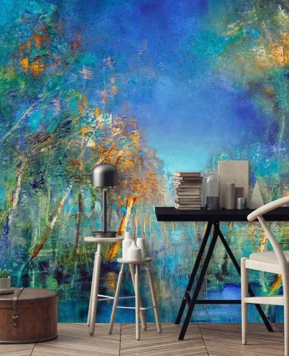 papel de parede florestal pintado de azul e verde