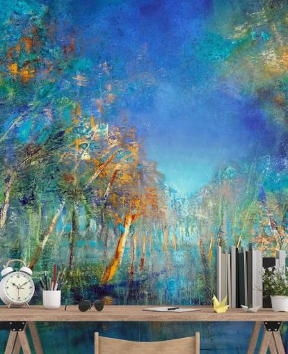 blauw en groen geschilderd bosbehang