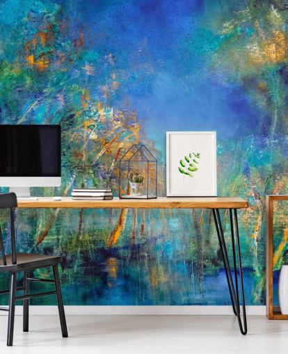 blue and green painted forest wallpaper