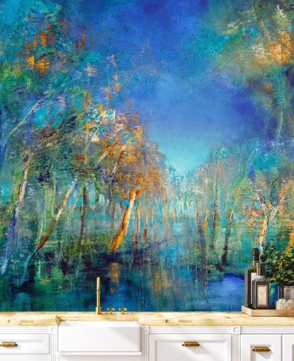 blue and green painted forest wallpaper