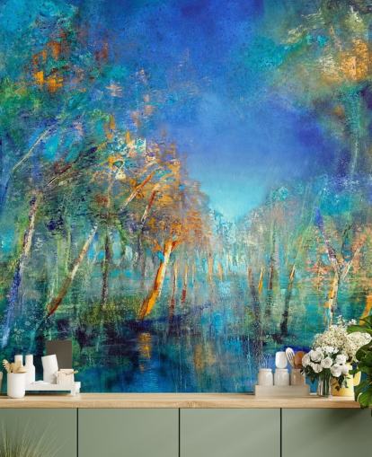 blue and green painted forest wallpaper