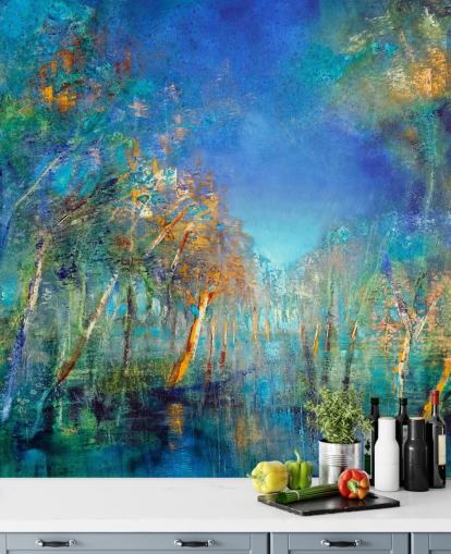 blue and green painted forest wallpaper