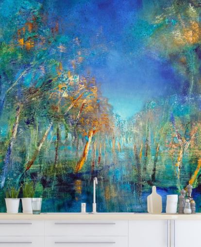 blue and green painted forest wallpaper