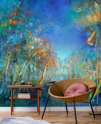 papel pintado bosque azul y verde