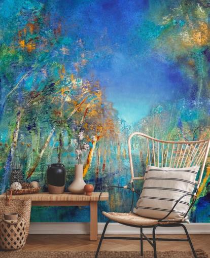 blue and green painted forest wallpaper