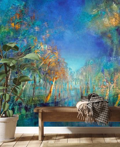 papel pintado bosque azul y verde