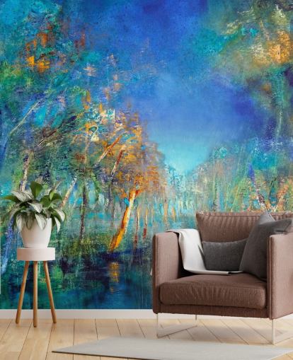 papel de parede florestal pintado de azul e verde papel de parede florestal pintado de azul e verde