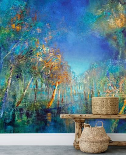 blauw en groen geschilderd bosbehang