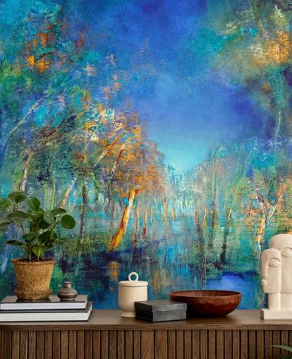 papel pintado bosque azul y verde