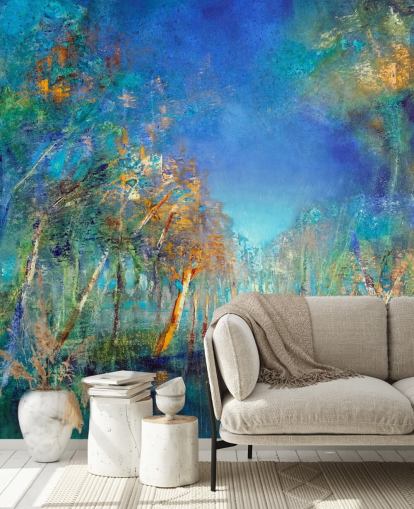 blauw en groen geschilderd bosbehang