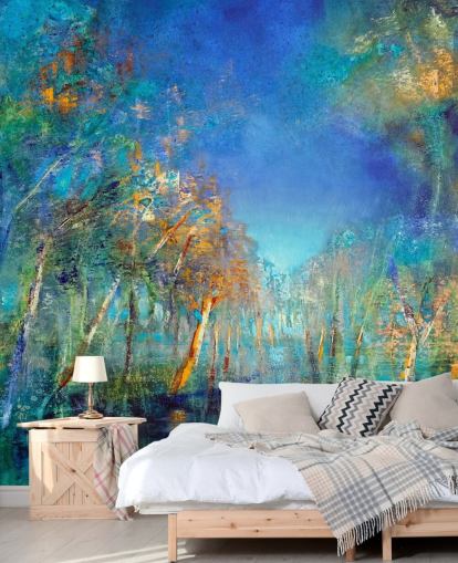 blauw en groen geschilderd bosbehang blauw en groen geschilderd bosbehang