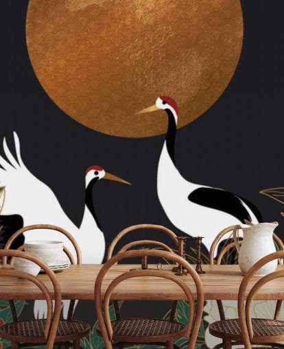 reigers en rode bloemen behang