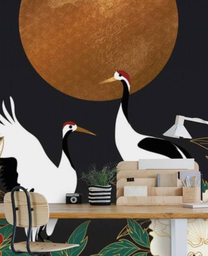 reigers en rode bloemen behang