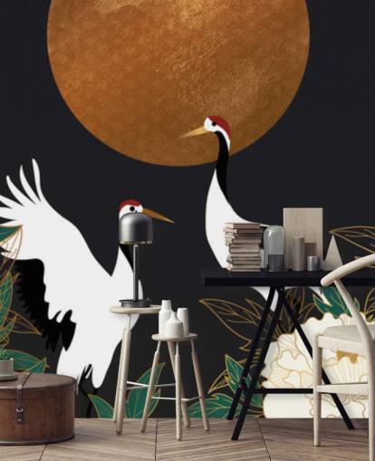 papier peint hérons et fleurs rouges