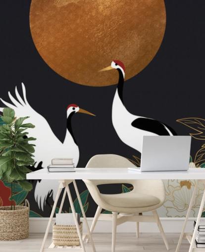 reigers en rode bloemen behang