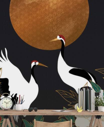 reigers en rode bloemen behang