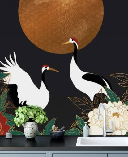 Fondo de pantalla de garzas y flores rojas