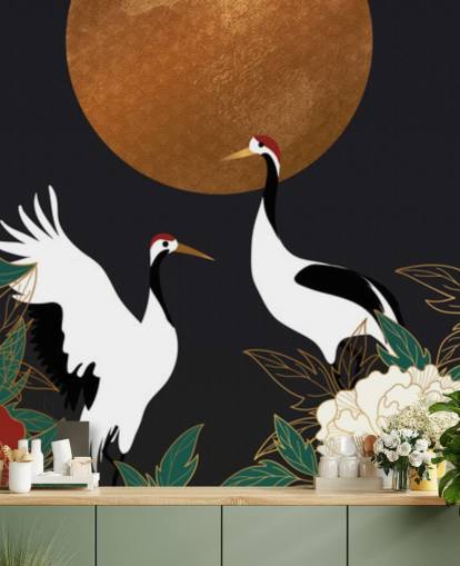 reigers en rode bloemen behang