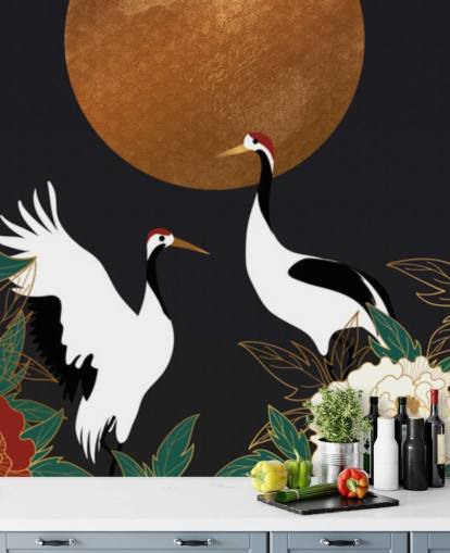 reigers en rode bloemen behang