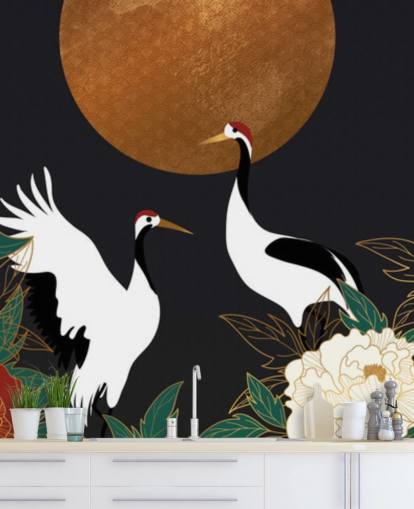 reigers en rode bloemen behang