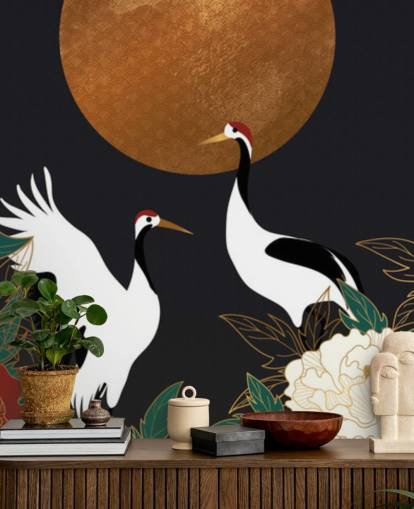 reigers en rode bloemen behang