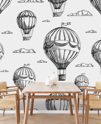 Schwarzweiß illustrierte Heißluftballons Tapete
