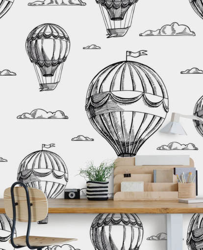 papel pintado de globos aerostáticos ilustrados blanco y negro