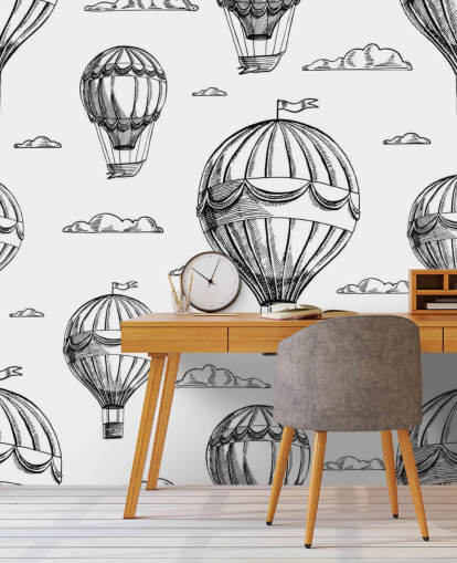 papel pintado de globos aerostáticos ilustrados blanco y negro