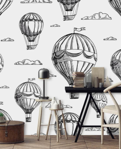 Schwarzweiß illustrierte Heißluftballons Tapete
