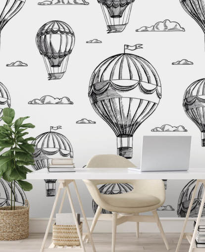 balões de ar quente ilustrados preto e branco papel de parede