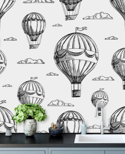 papel pintado de globos aerostáticos ilustrados blanco y negro