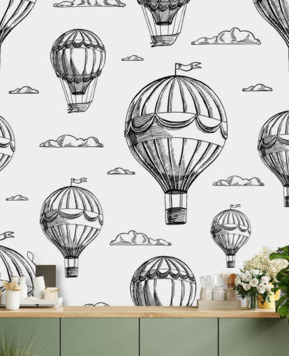 papel pintado de globos aerostáticos ilustrados blanco y negro