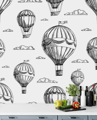 Schwarzweiß illustrierte Heißluftballons Tapete