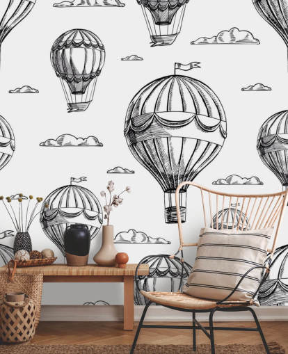 Schwarzweiß illustrierte Heißluftballons Tapete