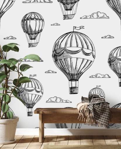 papel pintado de globos aerostáticos ilustrados blanco y negro