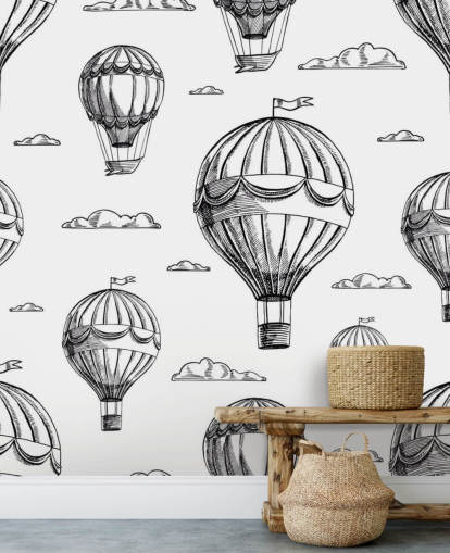 Schwarzweiß illustrierte Heißluftballons Tapete