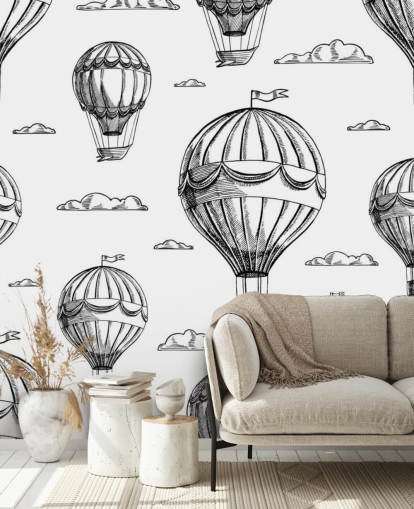 balões de ar quente ilustrados preto e branco papel de parede