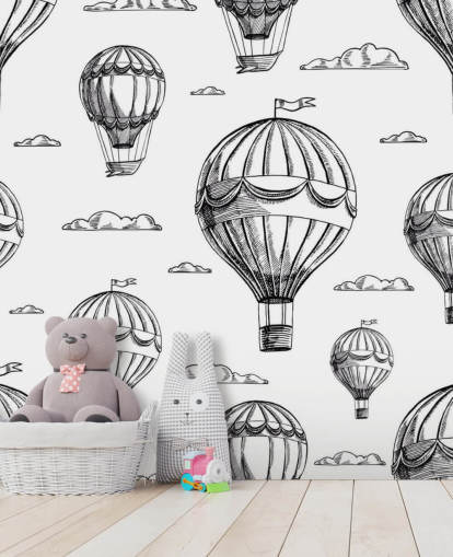 papel pintado de globos aerostáticos ilustrados blanco y negro