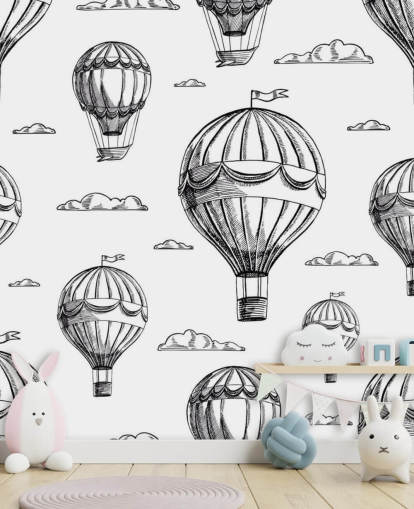papier peint montgolfières illustré en noir et blanc