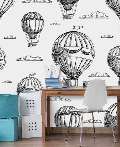 zwart-wit geïllustreerde heteluchtballonnen behang