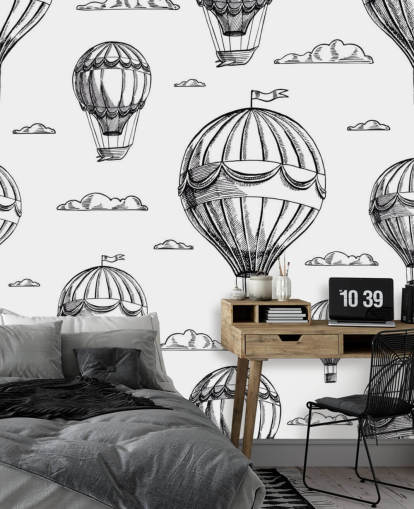 zwart-wit geïllustreerde heteluchtballonnen behang
