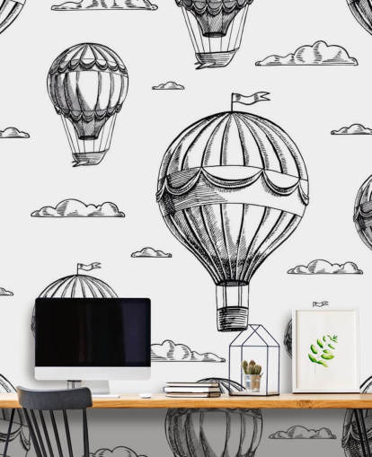 zwart-wit geïllustreerde heteluchtballonnen behang zwart-wit geïllustreerde heteluchtballonnen behang