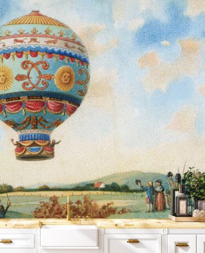 antiek schilderij van heteluchtballon behang