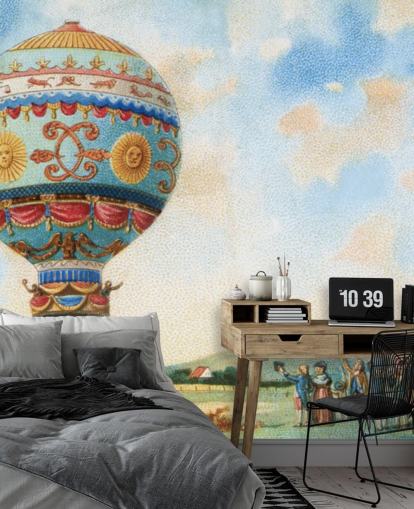 antiek schilderij van heteluchtballon behang