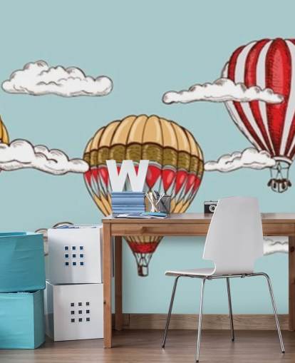 gul och röd illustrerade varmluftsballonger tapet