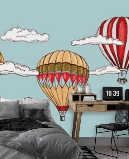 papel pintado de globos aerostáticos ilustrados amarillo y rojo