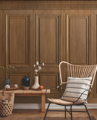 carta da parati murale con pannelli in legno marrone chiamati Vintage Oak Wood Panels per corridoi